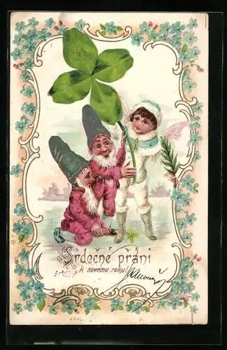 AK Zwerge und Engel, Klee, Vergissmeinnicht, Neujahr