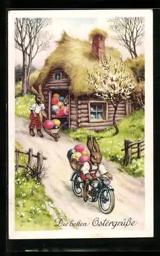 AK Veselé vel`konocné sviatky!, Osterhase auf Motorrad