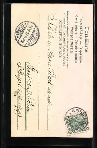 AK Viel Glück 1903, ein Zwerg schreibt die Jahreszahl auf ein vierblättriges Kleeblatt