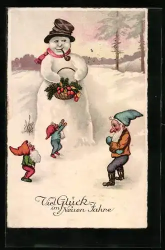 Künstler-AK Zwerge spielen mit einem Schneemann zu Neujahr