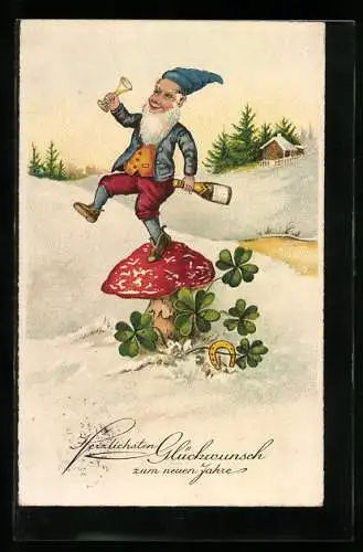 Künstler-AK Neujahr, anstossen mit Champagner auf einem Pilz, Klee und Hufeisen