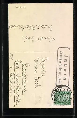 Künstler-AK Neujahr, anstossen mit Champagner auf einem Pilz, Klee und Hufeisen