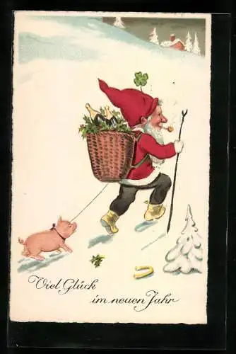 AK Neujahrsgruss, Zwerg mit Ferkel auf dem Weg zu einer Hütte