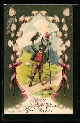Präge-AK Wandernder Osterhase hebt grüssend seinen Hut
