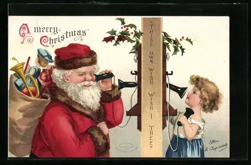 AK Weihnachtsmann und Kind am Telefon