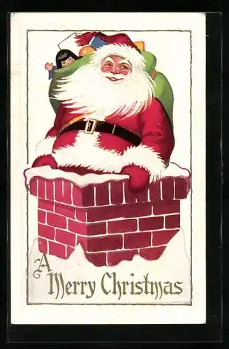 AK Weihnachtsmann mit Geschenken in einem Schornstein