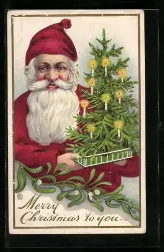 Präge-AK Weihnachtsmann hält glücklich einen Christbaum