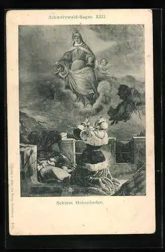 Künstler-AK Hohenbaden, Schloss Hohenbaden, Betender König, Schwarzwald-Sagen