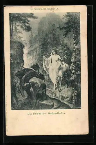 Künstler-AK Schwarzwald-Sagen X, die Felsen bei Baden-Baden, Nackte Frau mit Tieren