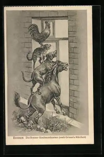 AK Bremen, Die Bremer Stadtmusikanten schauen durch ein Fenster