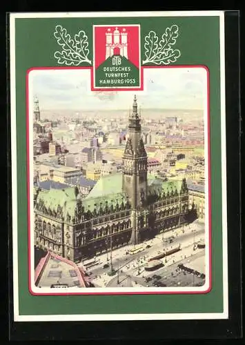 AK Hamburg, Deutsches Turnfest, Rathaus aus der Vogelschau, 1953