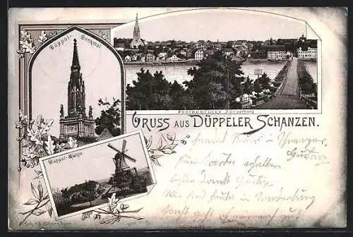 Lithographie Düppeler Schanzen, Pontonbrücke Sonderburg, Düppel-Mühle und Düppel-Denkmal