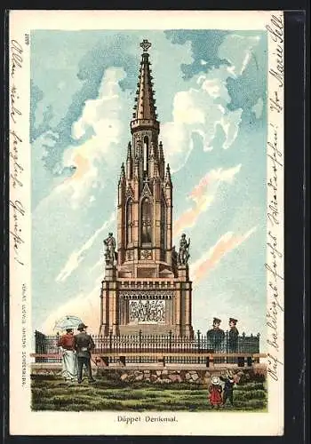 Lithographie Düppel, Denkmal mit Besuchern
