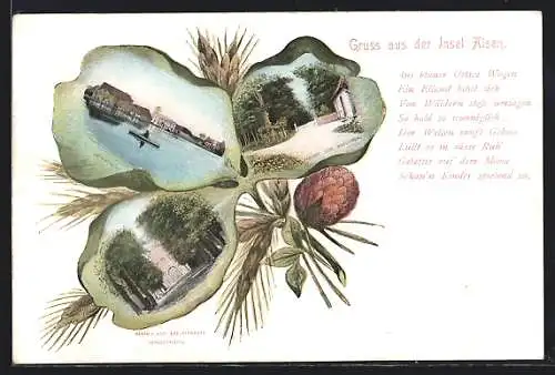 Passepartout-Lithographie Alsen, Ansichten von Ekenmühle und Schlossallee auf Kleeblatt