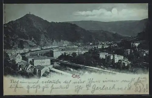Mondschein-AK Ems, Teilansicht mit Flusspartie und Berg