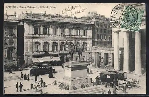 AK Genova, Piazza Deferrari e Hôtel de Gênes, Strassenbahn