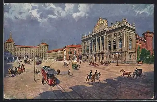 Künstler-AK Rorino, Piazza Castello col Palazzo Reale mit Strassenbahn