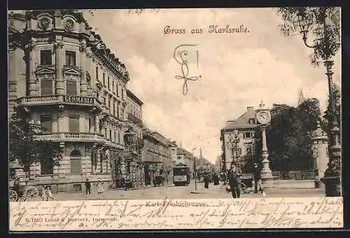 AK Karlsruhe, Strassenbahn in der Karl Friedrichstrasse