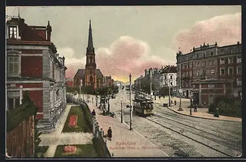 AK Karlsruhe, Durlacher Allee und Bernharduskirche mit Strassenbahn