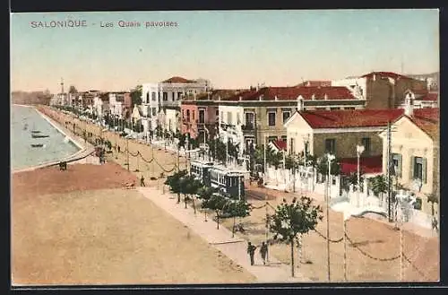 AK Salonique, Les Quais pavoises, Strassenbahn