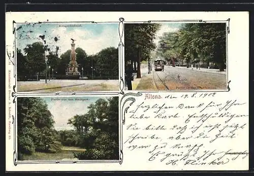 AK Hamburg-Altona, Kriegerdenkmal, Elb-Chaussée mit Strassenbahn, Stadtpark