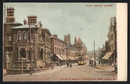 AK Acton, High Street, Strassenbahn