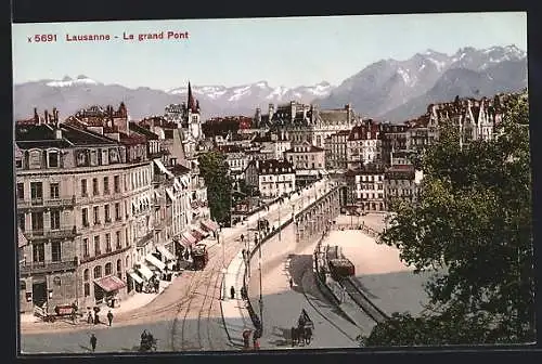 AK Lausanne, Le grand Pont, Strassenbahn