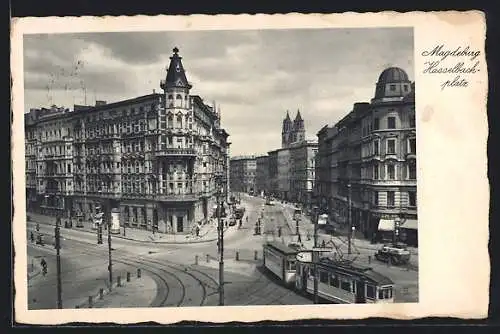 AK Magdeburg, Blick auf den Hasselbachplatz mit Strassenbahn