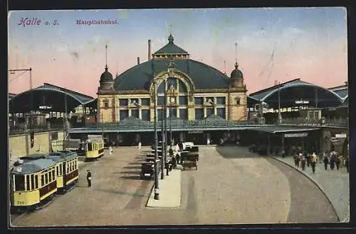 AK Halle / Saale, Hauptbahnhof mit Strassenbahnen