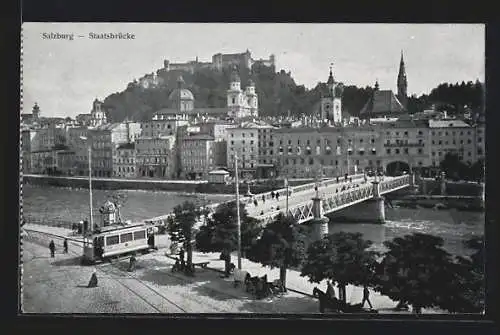 AK Salzburg, Die Staatsbrücke mit Strassenbahn