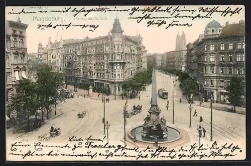 AK Magdeburg, Hasselbachplatz mit Strassenbahnen, Leuten und Denkmal