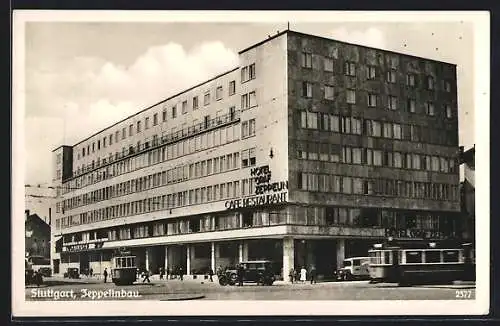AK Stuttgart, Zeppelinbau mit Hotel Graf Zeppelin und Strassenbahn