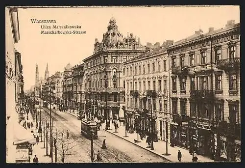 AK Warschau, eine Strassenbahn auf der Marschallkowskastrasse