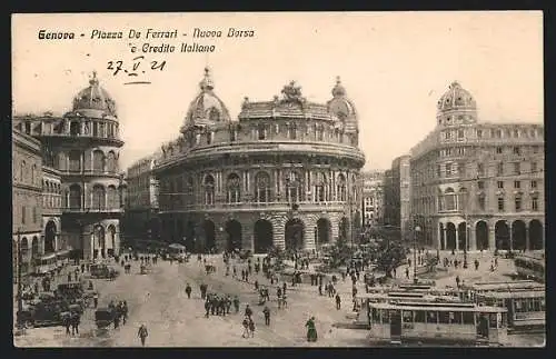 AK Genova, Strassenbahn, Piazza De Ferrari, Nuova Borsa e Credito Italiano