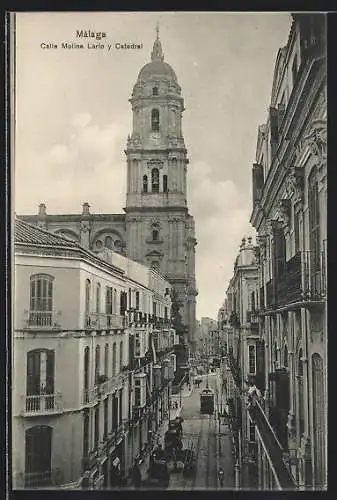 AK Málaga, Strassenbahn, Calle Molina Lario y Catedral
