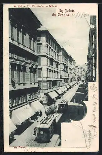 AK Genova, Strassenbahn nebst Geschäfte, via Roma