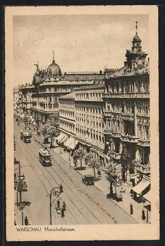 AK Warschau, Strassenbahnen in der Marschallstrasse