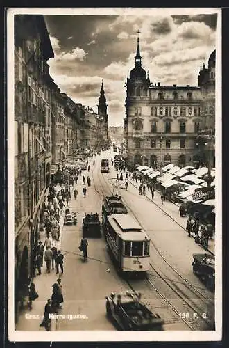 AK Graz, Strasse Herrengasse mit Geschäften und Strassenbahn