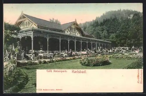 AK Karlsbad, Café Kaiserpark mit Rosengarten