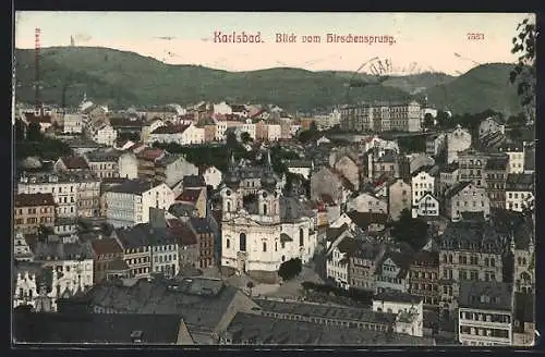 AK Karlsbad, Blick vom Hirschensprung mit Kirche
