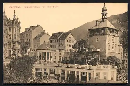 AK Karlsbad, Schlossbrunnen mit Colonnade