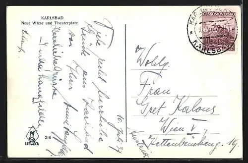 AK Karlsbad, Strassenpartie Neue Wiese und Theaterplatz