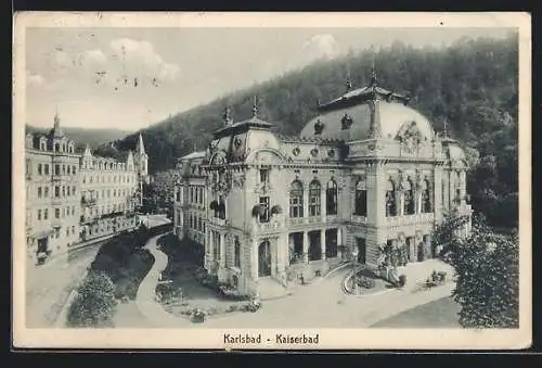 AK Karlsbad, Kaiserbad aus der Vogelschau