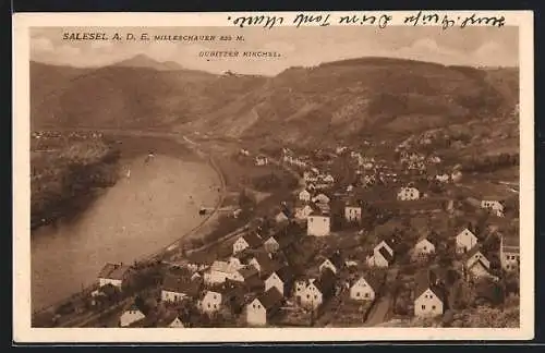 AK Salesel a. d. E., Ortsansicht mit Milleschauer und Dubitzer Kirchel