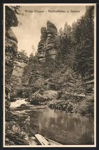AK Dreifussfelsen, Ansicht der wilden Klamm mit Station