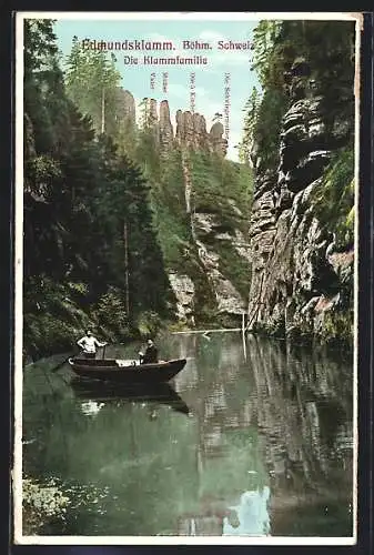 AK Edmundsklamm /Böhm. Schweiz, Ruderboot an der Klammfamilie