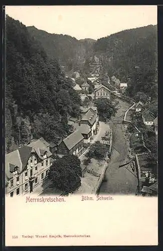 AK Herrnskretschen / Hrensko, Böhm. Schweiz, Boote am Fluss, Blick über die Ortschaft