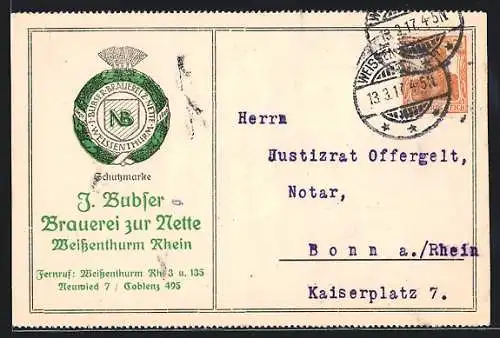 AK Weissenthurm, Korrespondenzkarte Brauerei zur Nette, J. Bubser