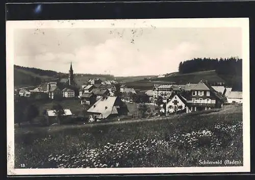 AK Schönwald /Baden, Ortsansicht mit Blumenwiese