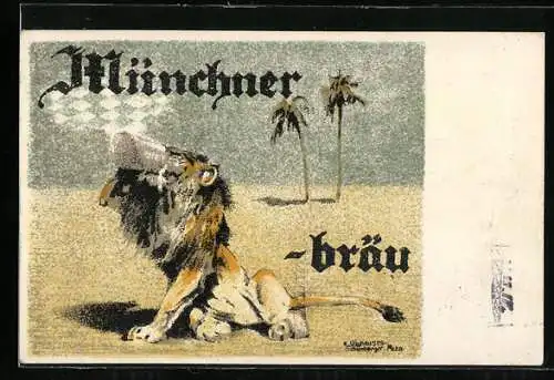 AK Brauerei-Werbung Münchnerbräu, Löwe leert einen Bierkrug